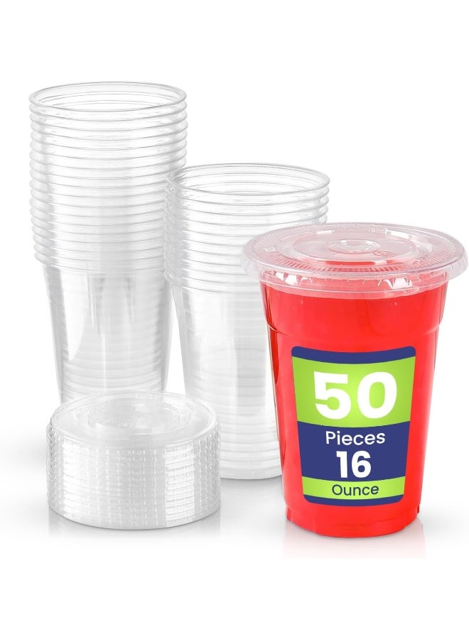 SNH Packing [Pack of 50] Plastic Juice Cup 16 Ounce With Lid Strong Ideal For Iced Coffee Smoothies Bubble Boba Tea Milkshakes Frozen Cocktails 25 Pieces - Image 1